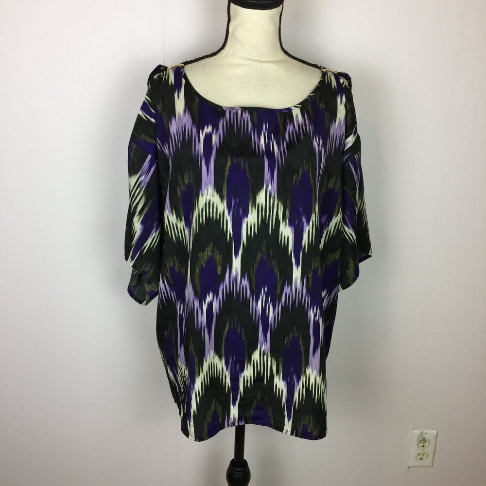 Michael Kors Cold Shoulder Blouse Top Sz XL Womans Purple Abstract Short Sleeve